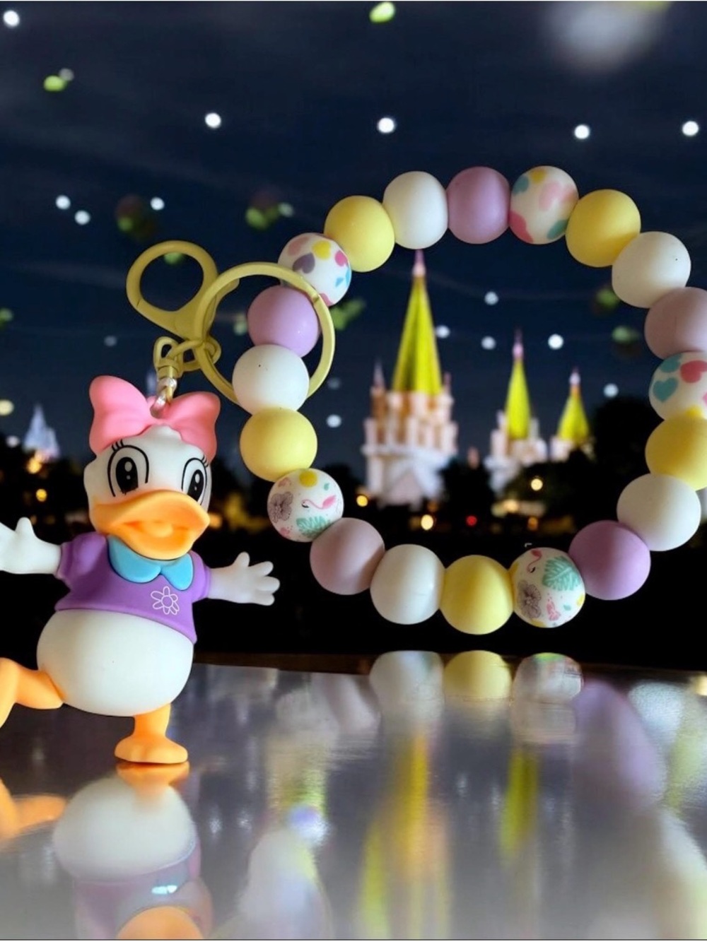 Handmade Cute Daisy Duck Beaded Keyring Wristlet - Pastel Yellow & Pink